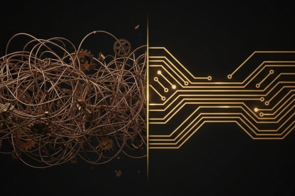 Split illustration contrasting a chaotic tangle of disconnected bronze wires on the left with a clean unified gold circuit on the right, representing the shift from fragmented tools to an integrated AI campaign system.