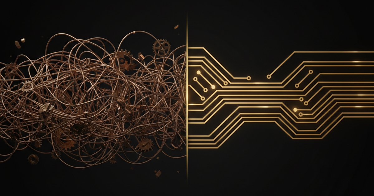 Split illustration contrasting a chaotic tangle of disconnected bronze wires on the left with a clean unified gold circuit on the right, representing the shift from fragmented tools to an integrated AI campaign system.