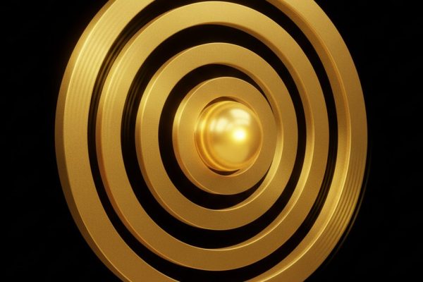 Abstract illustration of the GIRO Method 5-engine flywheel — five concentric gold rings rotating around a central glowing core, representing the interconnected avatar, offer, content, conversion, and traffic engines.
