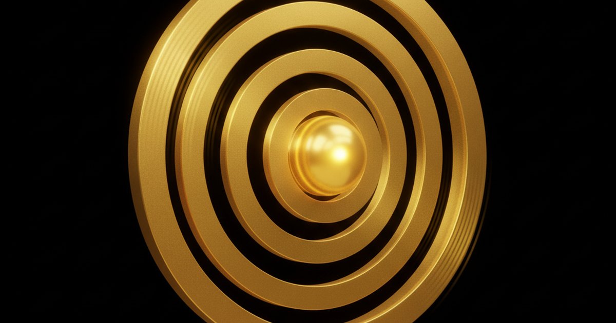 Abstract illustration of the GIRO Method 5-engine flywheel — five concentric gold rings rotating around a central glowing core, representing the interconnected avatar, offer, content, conversion, and traffic engines.