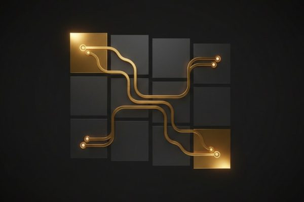 Abstract dashboard illustration showing a 3x3 grid of ad campaign tiles with gold-highlighted winning campaigns connected by flowing data lines, representing an automated Meta ads decision system.