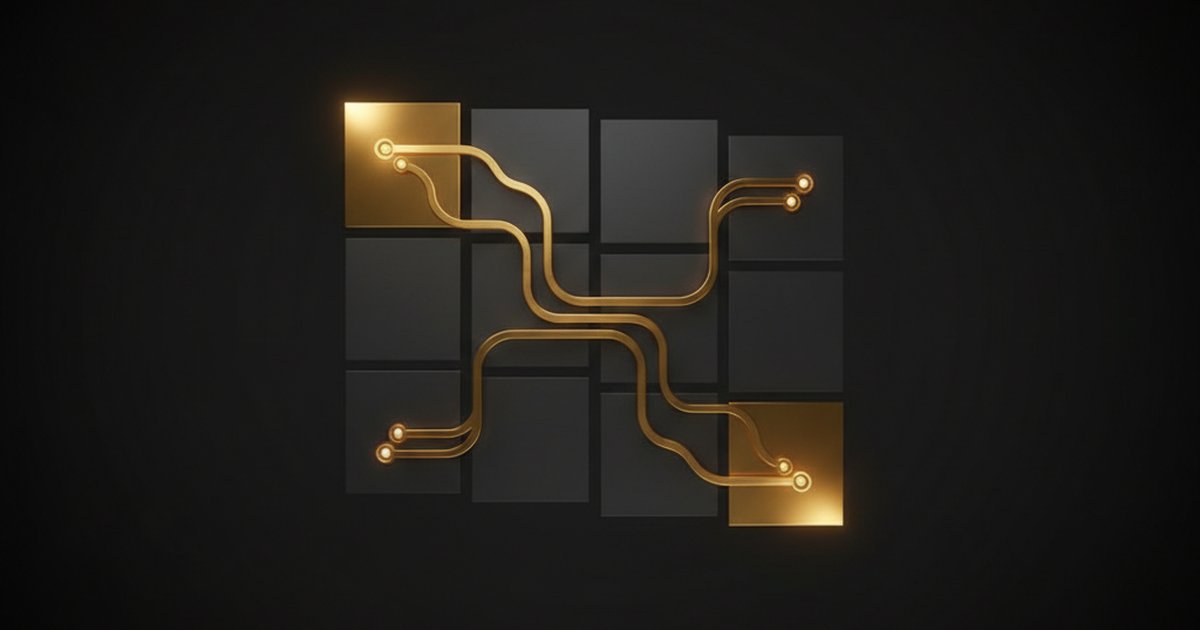 Abstract dashboard illustration showing a 3x3 grid of ad campaign tiles with gold-highlighted winning campaigns connected by flowing data lines, representing an automated Meta ads decision system.